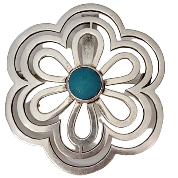 Sterling Silver Mexico Round Flower Cutout Turquoise Flower Brooch Pendant - Picture 1 of 8